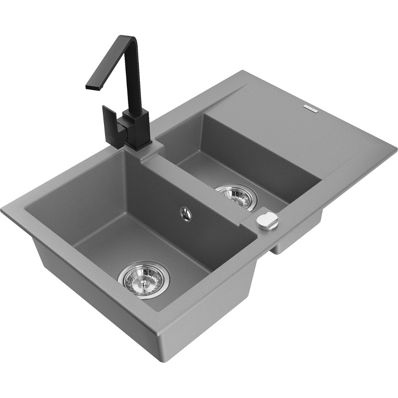 Mexen Gaspar granite kitchen sink 1.5-bowl with drainer and Rita kitchen faucet, gray - 6507-71-670300-70