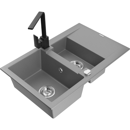 Mexen Gaspar 1.5-bowl granite sink with drainer and Rita kitchen faucet, gray - 6507-71-670300-70