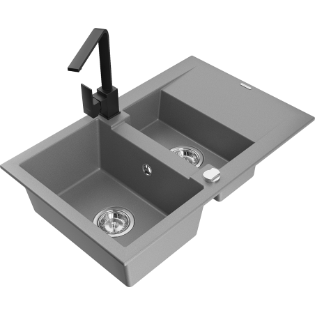 Mexen Gaspar 1.5-compartment granite sink with a drip tray and kitchen mixer tap Rita, Grey - 6507-71-670300-70