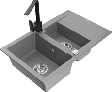 Mexen Gaspar granite sink 1.5-bowl with drainer and Rita kitchen tap, grey - 6507-71-670300-70