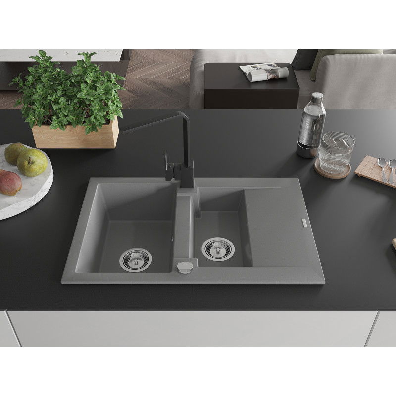 Mexen Gaspar granite sink 1.5-bowl with drainer and Rita kitchen tap, grey - 6507-71-670300-70