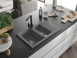 Mexen Gaspar 1.5-bowl granite sink with drainer and Rita kitchen faucet, gray - 6507-71-670300-70
