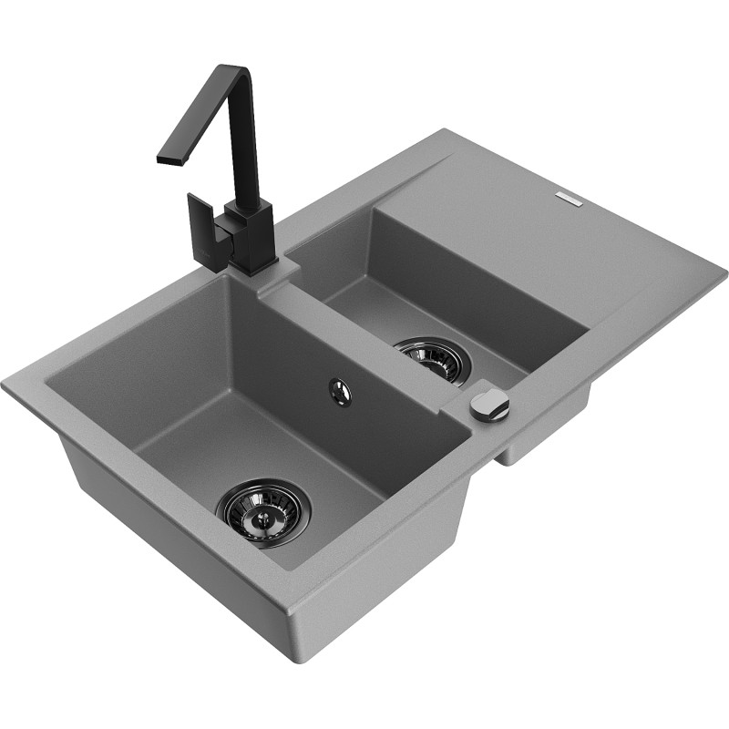 Mexen Gaspar granite sink 1.5-bowl with drainer and kitchen faucet Rita, gray - 6507-71-670300-70-B