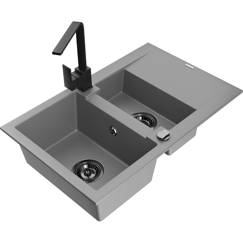 Mexen Gaspar granite sink 1.5-bowl with drainer and Rita kitchen tap, grey - 6507-71-670300-70-B