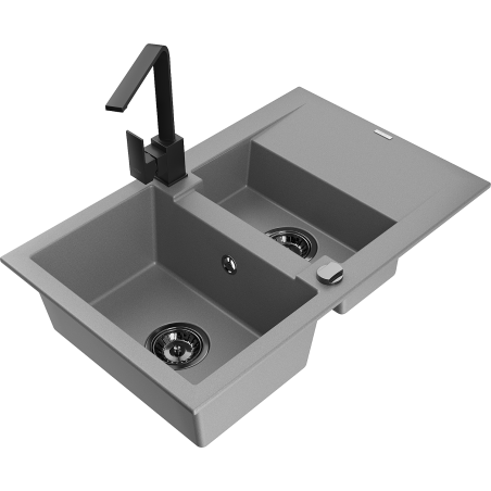 Mexen Gaspar 1.5-compartment granite sink with a drip tray and kitchen mixer tap Rita, Grey - 6507-71-670300-70-B