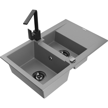 Mexen Gaspar granite sink 1.5-bowl with drainer and Rita kitchen tap, grey - 6507-71-670300-70-B