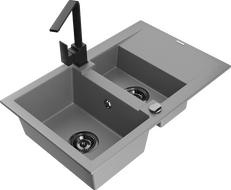 Mexen Gaspar 1.5-compartment granite sink with a drip tray and kitchen mixer tap Rita, Grey - 6507-71-670300-70-B