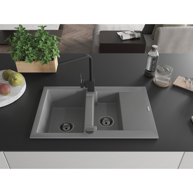Mexen Gaspar granite sink 1.5-bowl with drainer and kitchen faucet Rita, gray - 6507-71-670300-70-B