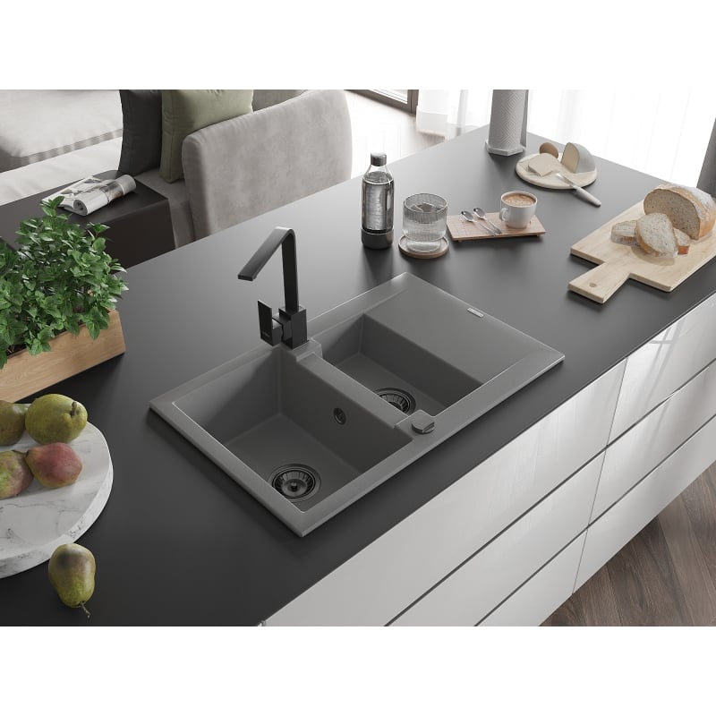 Mexen Gaspar granite sink 1.5-bowl with drainer and kitchen faucet Rita, gray - 6507-71-670300-70-B