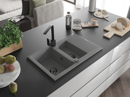 Mexen Gaspar 1.5-compartment granite sink with a drip tray and kitchen mixer tap Rita, Grey - 6507-71-670300-70-B