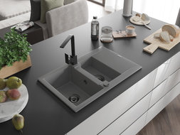 Mexen Gaspar granite kitchen sink 1.5-bowl with drainer and Rita kitchen faucet, gray - 6507-71-670300-70-B