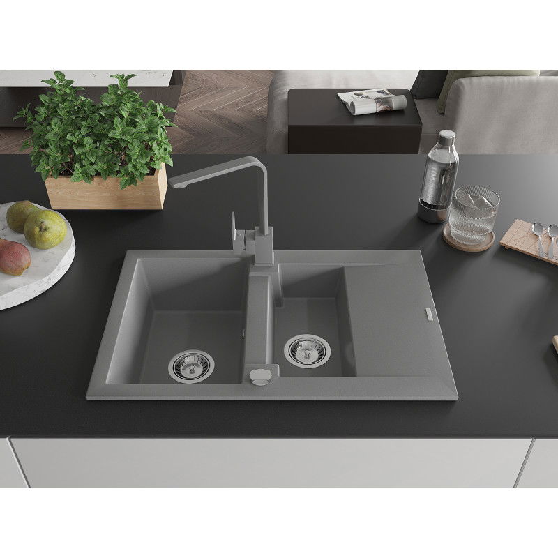Mexen Gaspar granite sink 1.5-bowl with drainer and Rita kitchen tap, grey - 6507-71-670300-71