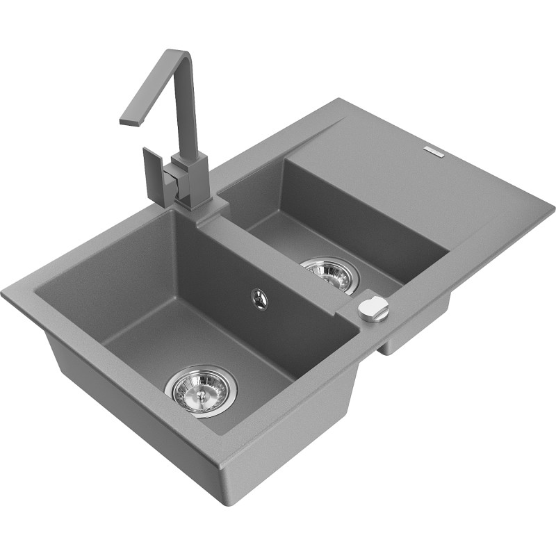 Mexen Gaspar granite sink 1.5-bowl with drainer and kitchen faucet Rita, gray - 6507-71-670300-71