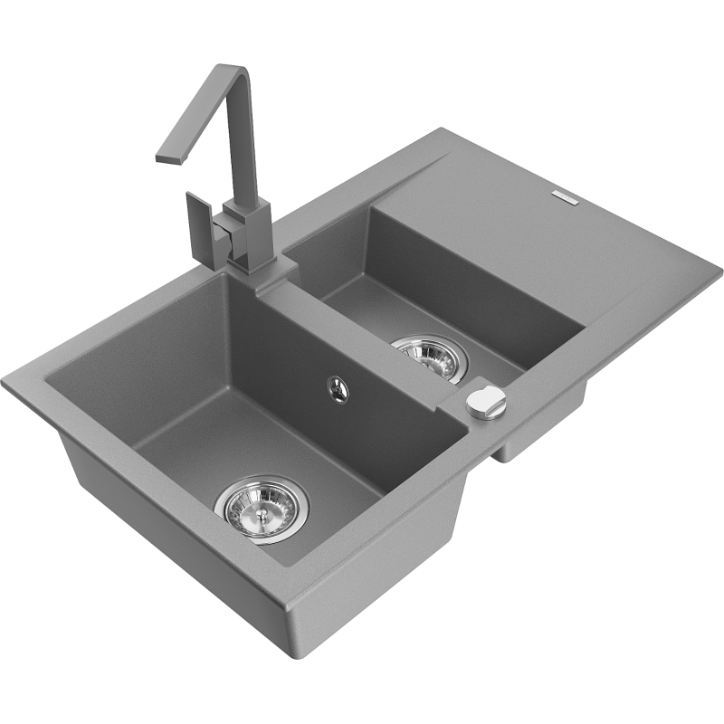 Mexen Gaspar granite sink 1.5-bowl with drainer and Rita kitchen tap, grey - 6507-71-670300-71