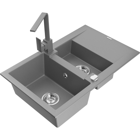 Mexen Gaspar 1.5-compartment granite sink with a drip tray and kitchen mixer tap Rita, Grey - 6507-71-670300-71