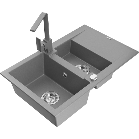 Mexen Gaspar granite sink 1.5-bowl with drainer and Rita kitchen tap, grey - 6507-71-670300-71