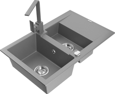 Mexen Gaspar 1.5-bowl granite sink with drainer and Rita kitchen faucet, gray - 6507-71-670300-71