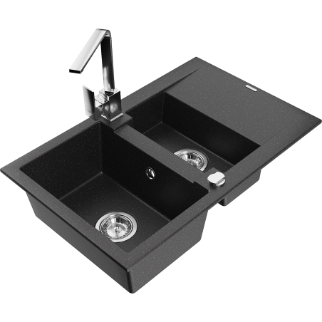 Mexen Gaspar 1.5-bowl granite sink with drainer and Rita kitchen faucet, black/silver metallic - 6507-73-670300-00