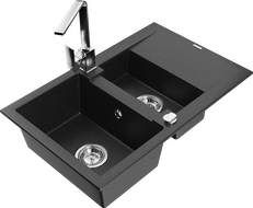 Mexen Gaspar 1.5-bowl granite sink with drainer and Rita kitchen faucet, black/silver metallic - 6507-73-670300-00