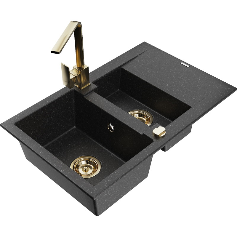 Mexen Gaspar granite sink 1.5-bowl with drainer and kitchen faucet Rita, black/silver metallic - 6507-73-670300-50