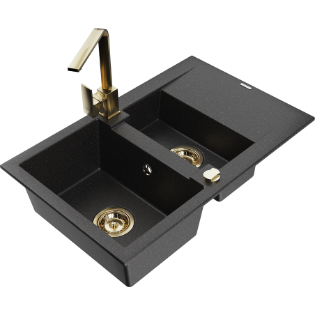 Mexen Gaspar granite sink 1.5-bowl with drainer and Rita kitchen tap, black/silver metallic - 6507-73-670300-50