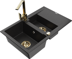 Mexen Gaspar granite sink 1.5-bowl with drainer and Rita kitchen tap, black/silver metallic - 6507-73-670300-50