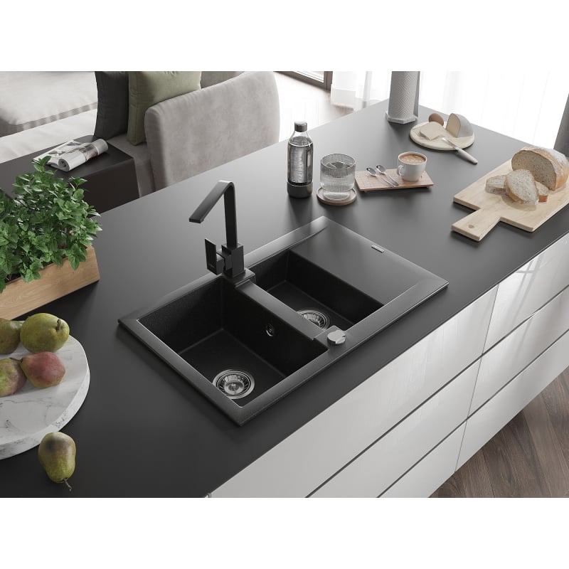 Mexen Gaspar 1.5-bowl granite sink with drainer and Rita kitchen faucet, black/silver metallic - 6507-73-670300-70