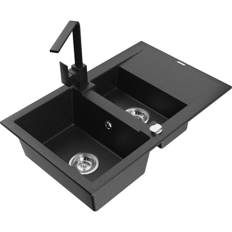 Mexen Gaspar 1.5-bowl granite sink with drainer and Rita kitchen faucet, black/silver metallic - 6507-73-670300-70