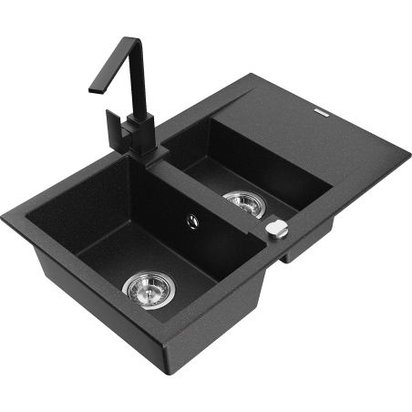Mexen Gaspar granite sink 1.5-bowl with drainer and Rita kitchen faucet, black/silver metallic - 6507-73-670300-70