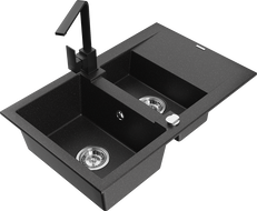 Mexen Gaspar granite sink 1.5-bowl with drainer and Rita kitchen tap, black/silver metallic - 6507-73-670300-70