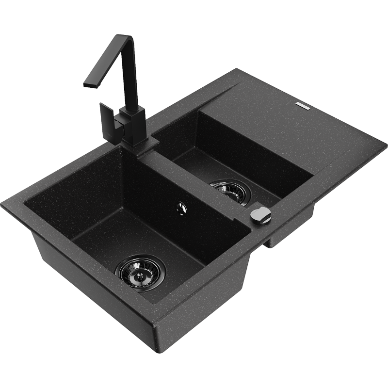 Mexen Gaspar 1.5-compartment granite sink with a drip tray and kitchen mixer tap Rita, Black/Silver - 6507-73-670300-70-B