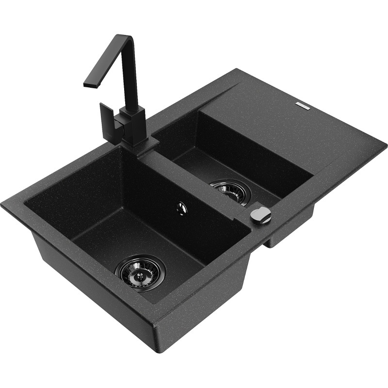 Mexen Gaspar granite sink 1.5-bowl with drainer and kitchen faucet Rita, black/silver - 6507-73-670300-70-B