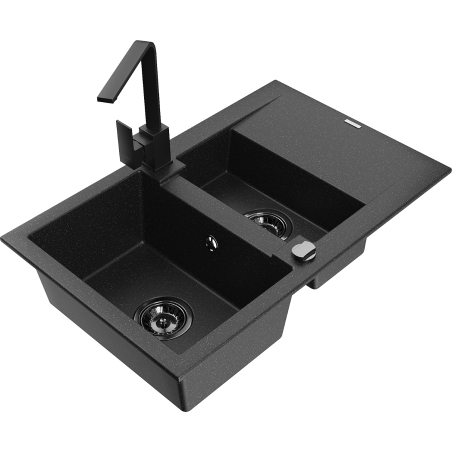 Mexen Gaspar granite sink 1.5-bowl with drainer and kitchen faucet Rita, black/silver - 6507-73-670300-70-B