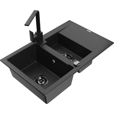 Mexen Gaspar granite sink 1.5-bowl with drainer and Rita kitchen faucet, black/silver - 6507-73-670300-70-B
