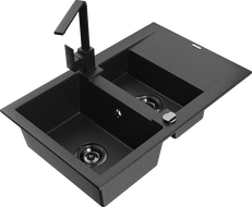 Mexen Gaspar 1.5-bowl granite sink with drainer and Rita kitchen tap, black/silver - 6507-73-670300-70-B