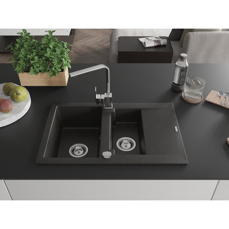 Mexen Gaspar 1.5-bowl granite sink with drainer and Rita kitchen faucet, black/gold - 6507-75-670300-00