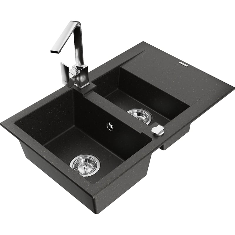 Mexen Gaspar 1.5-bowl granite sink with drainer and Rita kitchen faucet, black/gold - 6507-75-670300-00