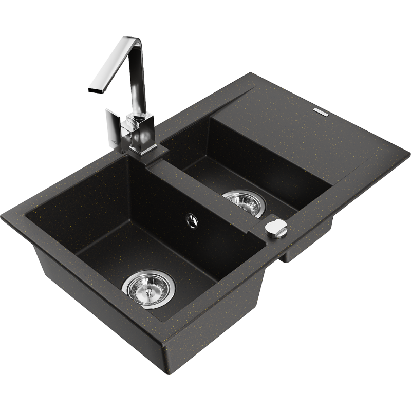Mexen Gaspar 1.5-compartment granite sink with a drip tray and kitchen mixer tap Rita, Black/Gold - 6507-75-670300-00