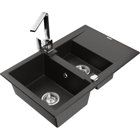 Mexen Gaspar 1.5-bowl granite sink with drainer and Rita kitchen faucet, black/gold - 6507-75-670300-00