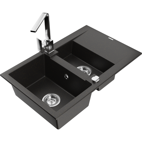 Mexen Gaspar granite kitchen sink 1.5-bowl with drainer and Rita kitchen faucet, black/gold - 6507-75-670300-00