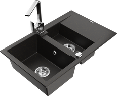 Mexen Gaspar 1.5-bowl granite sink with drainer and Rita kitchen faucet, black/gold - 6507-75-670300-00
