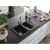 Mexen Gaspar 1.5-bowl granite sink with drainer and Rita kitchen faucet, black/gold - 6507-75-670300-00
