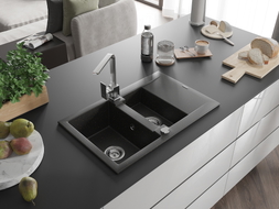 Mexen Gaspar 1.5-bowl granite sink with drainer and Rita kitchen faucet, black/gold - 6507-75-670300-00