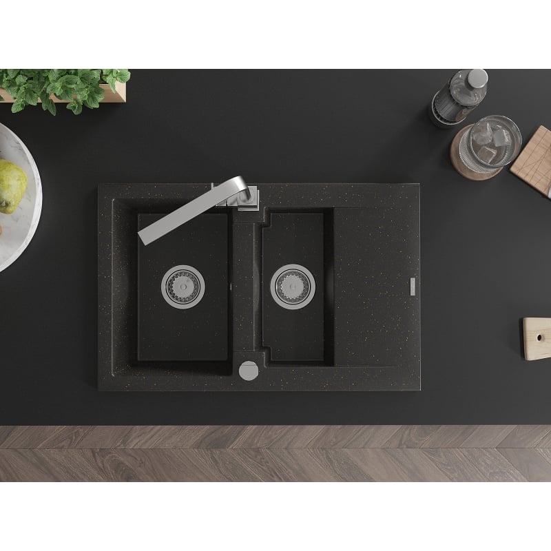 Mexen Gaspar 1.5-bowl granite sink with drainer and Rita kitchen faucet, black/gold - 6507-75-670300-00