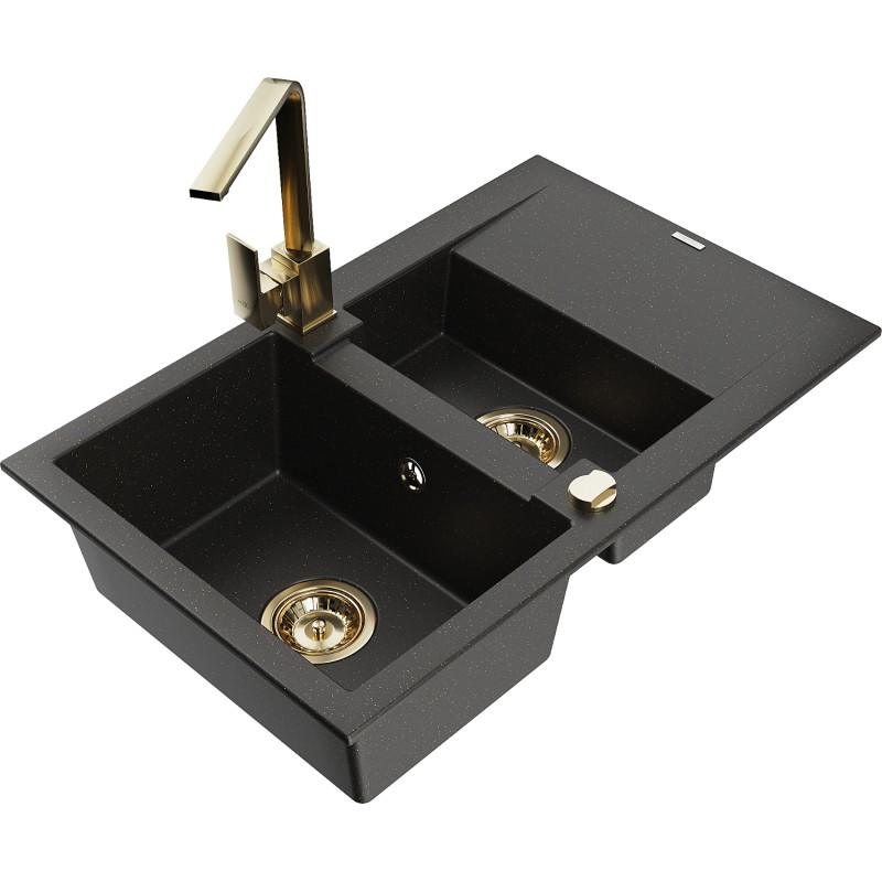 Mexen Gaspar granite kitchen sink 1.5-bowl with drainer and kitchen faucet Rita, black/gold - 6507-75-670300-50