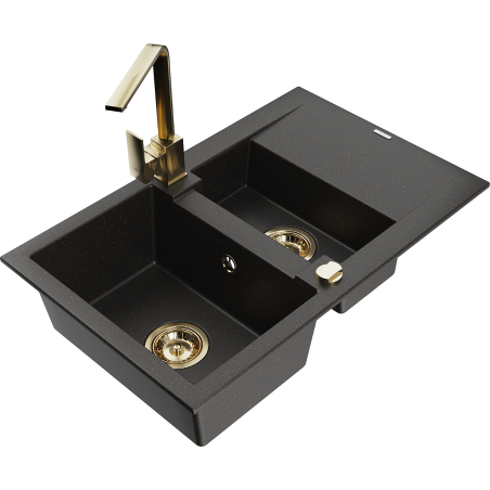 Mexen Gaspar 1.5-compartment granite sink with a drip tray and kitchen mixer tap Rita, Black/Gold - 6507-75-670300-50