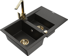 Mexen Gaspar granite sink 1.5-bowl with drainer and Rita kitchen tap, black/gold - 6507-75-670300-50