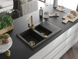 Mexen Gaspar granite kitchen sink 1.5-bowl with drainer and kitchen faucet Rita, black/gold - 6507-75-670300-50