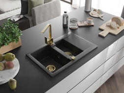 Mexen Gaspar granite sink 1.5-bowl with drainer and Rita kitchen tap, black/gold - 6507-75-670300-50