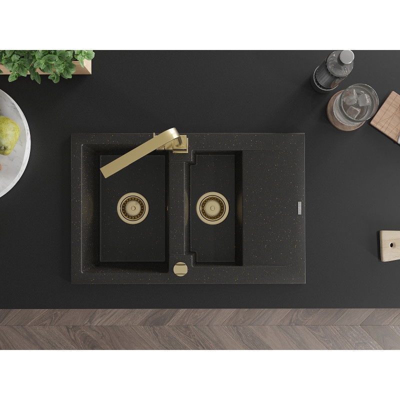 Mexen Gaspar granite sink 1.5-bowl with drainer and Rita kitchen tap, black/gold - 6507-75-670300-50